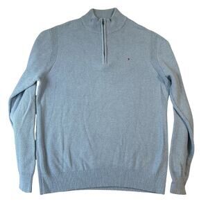 Tommy Hilfiger Men Sweatshirt XL Blue Logo Zipper Long Sleeve Henley 100% Cotton